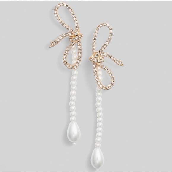 Open Edit-Crystal Bow Faux Pearl Drop Earrings-Gold/White-NWT - Picture 1 of 4